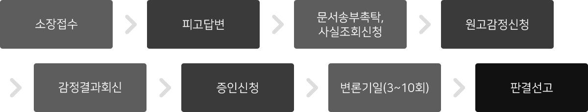 1소장접수 2피고답변 3문서송부촉탁,사실조회신청 4원고감정신청 5감정결과회신 6증인신청 7변론기일(3~10회) 8판결선고